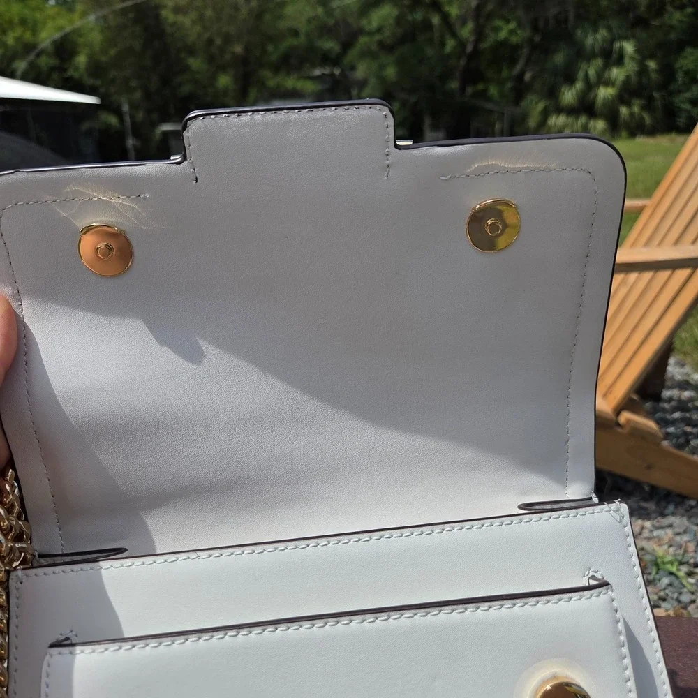 Michael Kors White Heather Logo Crossbody Bag Gold Chunky Chain Hardware - Picture 13 of 16